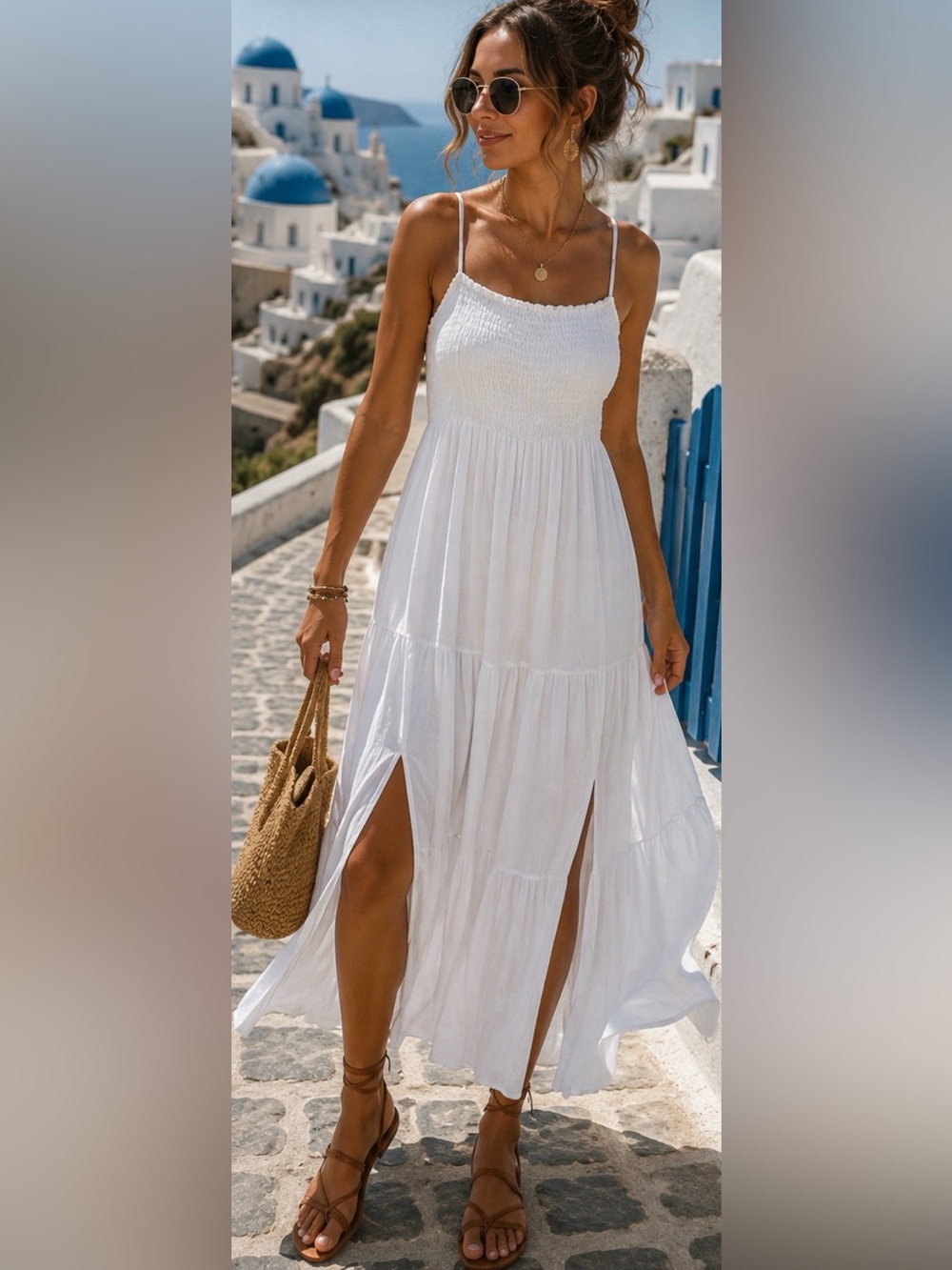 DKNY White Smocked Maxi Sundress – Santorini Boho Resort Dress – Size Small